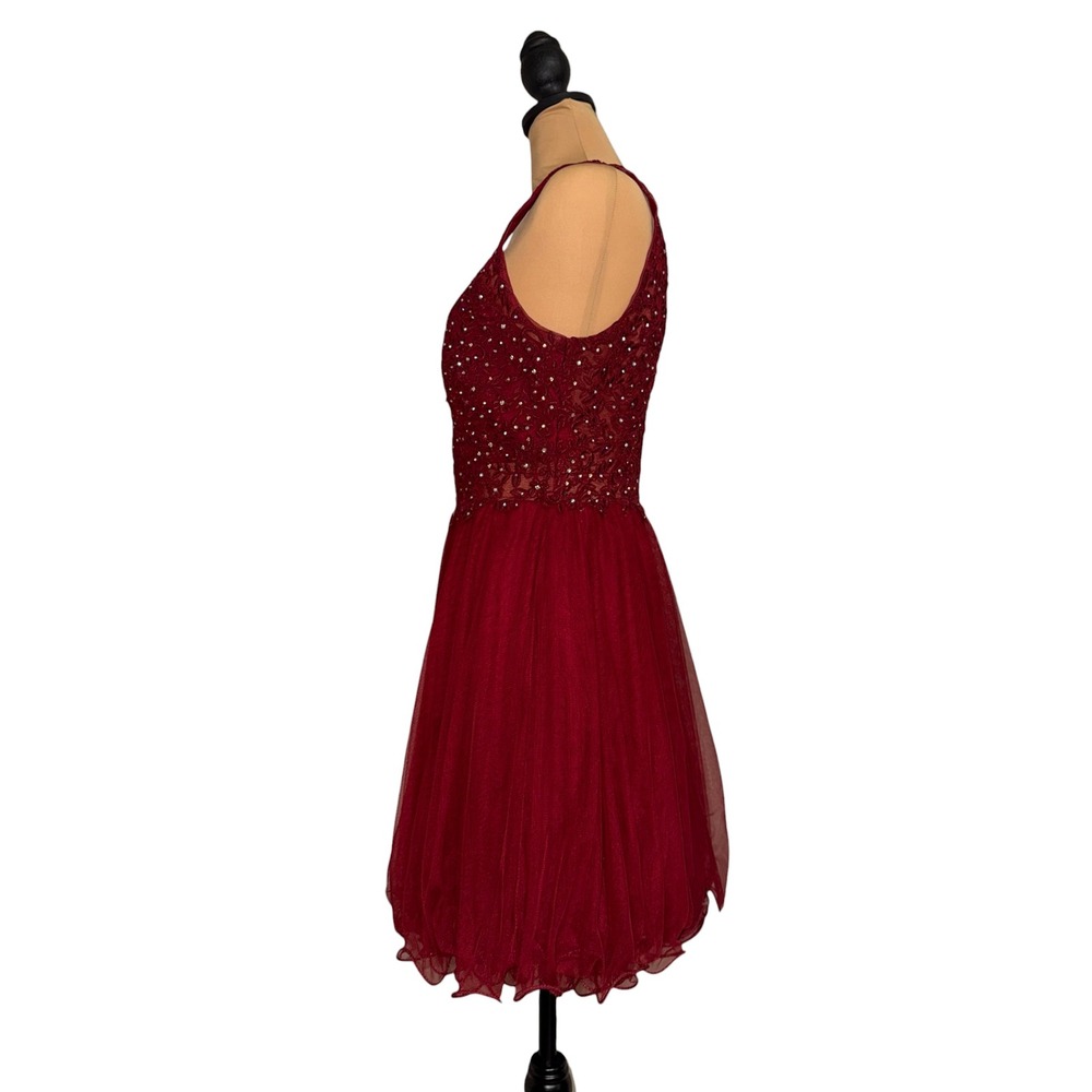 Jodi Kristopher Burgundy Lace Rhinestone Tulle Cocktail Dress 9 3145-QA5B-T3 - Picture 2 of 8